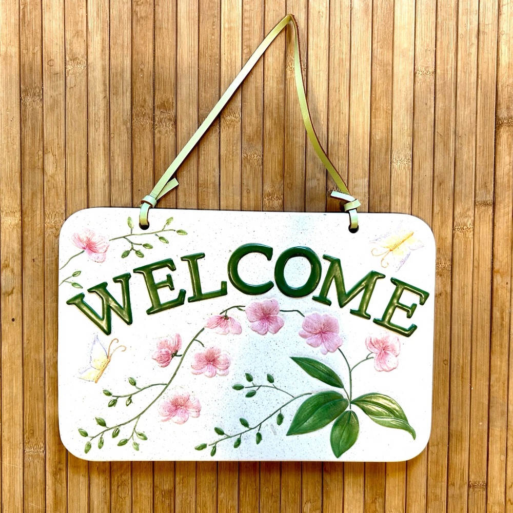 Inviting Ceramic Door Hanger "WELCOME"  with leather strap - Cream, Green & Pink